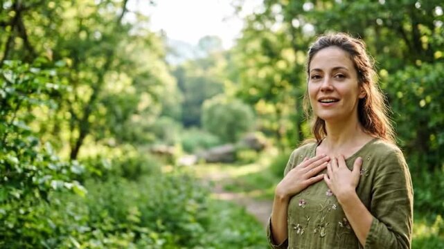 Cheerful woman looking up and smiling in serene green woods perfect for mental health awareness video concept