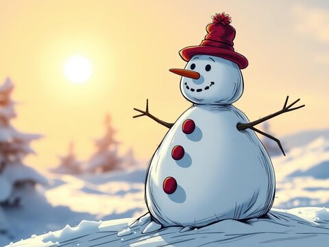 Absurd snowman sketch, melting from one side, glaring sun,  mistake,  concept