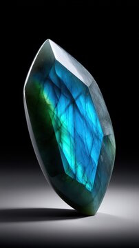 Polished labradorite crystal gemstone with blue and green iridescent flash