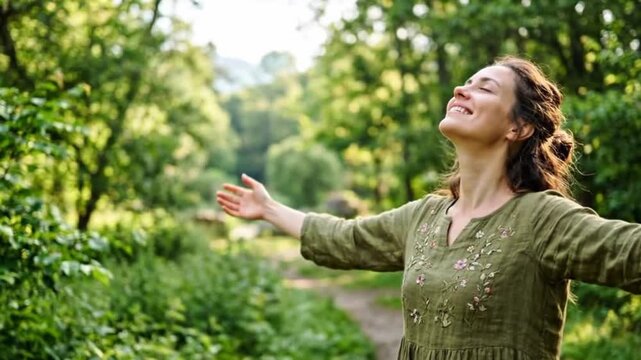 Happy woman opening arms in serene green forest perfect for freedom inspiration and mental wellness concept