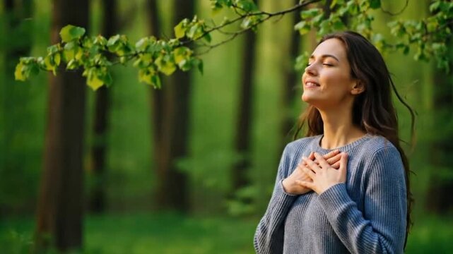 Grateful woman in sweater smiling with hands on heart in woods perfect for emotional healing and peace concept