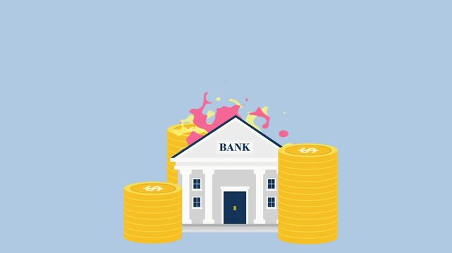 burning mini bank building with coin stacks. Economy crisis and recession