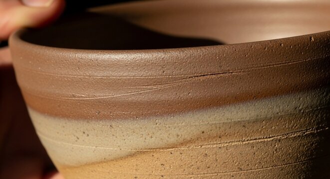 Close up of artisan potter hands shaping wet clay bowl on wheel.