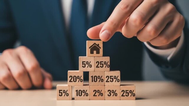 a person stacking wooden blocks forming a pyramid with the house icon on top and percentage numbers. The pyramid represents a growing investment in real estate.