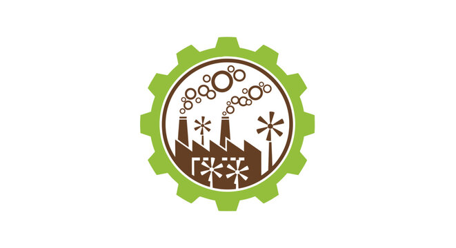 Green Industry Factory Logo with Gear and Smoke.