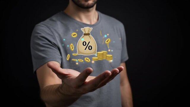 a man's torso and outstretched hand with a graphic of a money bag and coins floating above it, symbolizing finance and wealth