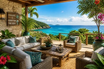 Obraz premium Outdoor seating area overlooking tropical ocean villa view