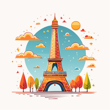 Eiffel Tower Illustration with Clouds and Trees