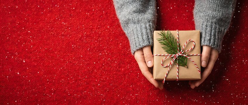 Hands holding christmas gift wrapped in brown paper and tied with red white string with pine sprig and snow on red textured background with copy space.