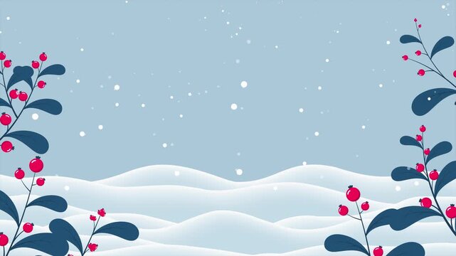 Winter background with branches and berries animation. Falling snow with snowflakes. Winter snowy background for banner, poster, wallpaper, greeting card, advertising. 4K animation