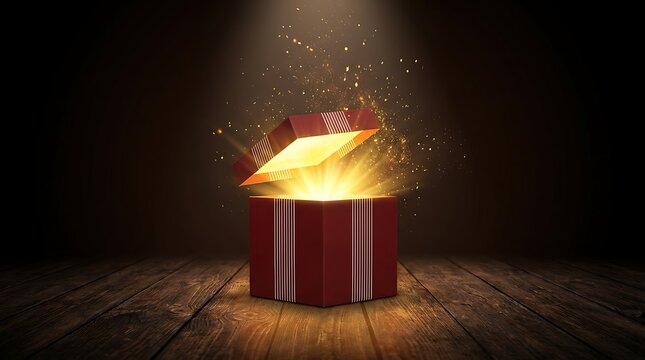 Red gift box glowing with intense golden light and magical sparkles emanating from within, set against a dark, moody background and wooden surface.