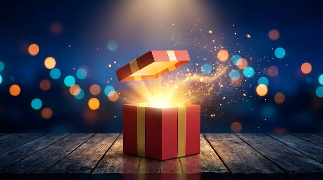 Open gift box radiating bright light and sparkling particles on a rustic wooden table with blurred bokeh lights background, symbolizing magic and surprise.
