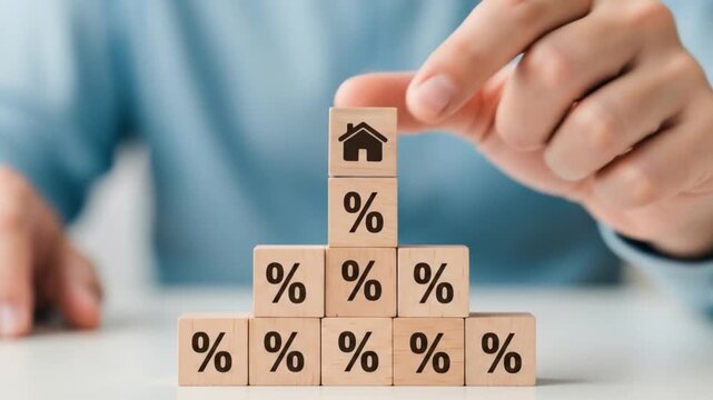 a hand stacking wooden blocks with percentage symbol and a house icon on top, symbolizing interest rates or housing prices