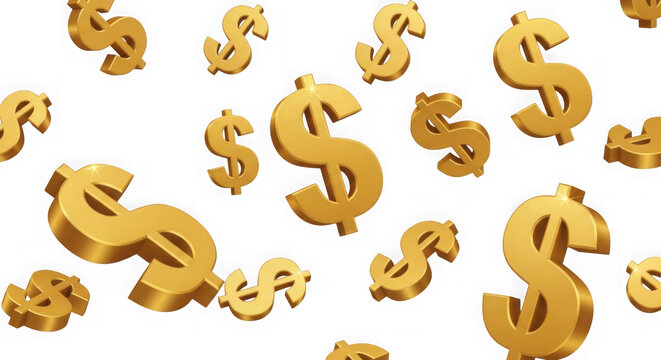 Falling golden dollar coins scattered in mid-air against white background