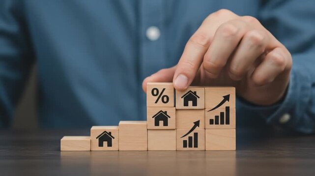 a hand stacking wooden blocks with symbols representing a house, percentage, and a rising graph, signifying property value growth