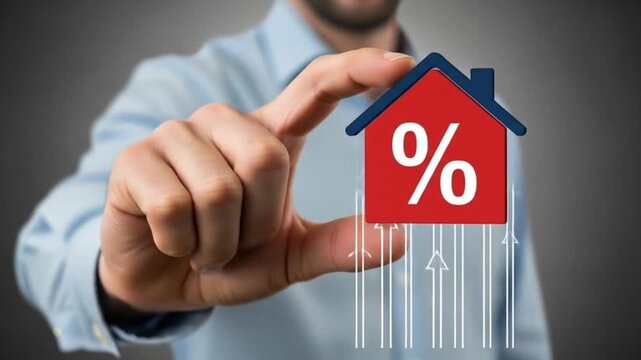 A person's hand holds a small red house with a percentage sign on it, symbolizing mortgage or interest rates