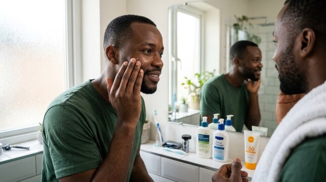 A man applying sunscreen to his face in a bathroom.