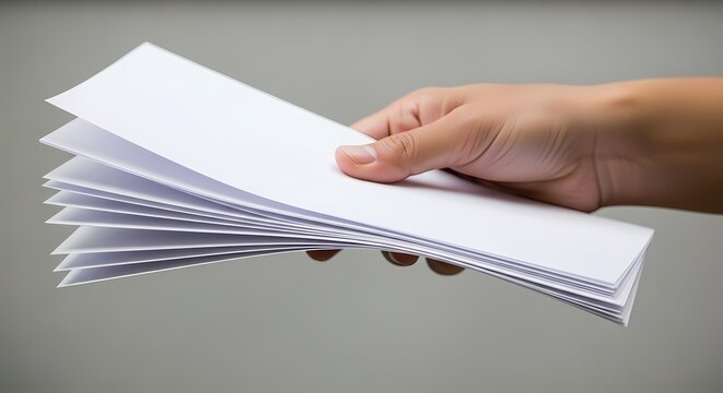 White envelopes held in a fanned stack by hand for mail service and corporate administration marketing