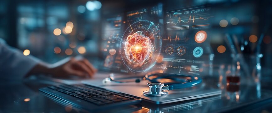 Futuristic medical scene with a doctor analyzing a glowing heart model on a computer. Stethoscope and keyboard are also present