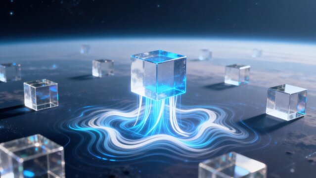 Crystal cubes with glowing streams in space