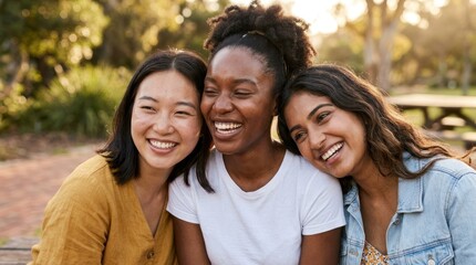 Naklejka premium Three women smiling outdoors in a park.