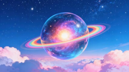 Fototapeta premium Colorful planet with rings in sky
