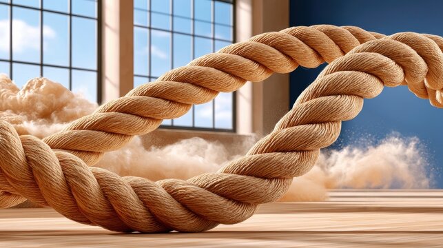 Close-up of battle ropes in motion slamming on gym floor creating dust and dynamic waves
