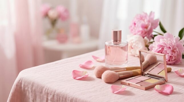 A perfume bottle and makeup brushes on a pink tablecloth with pink flowers and petals.