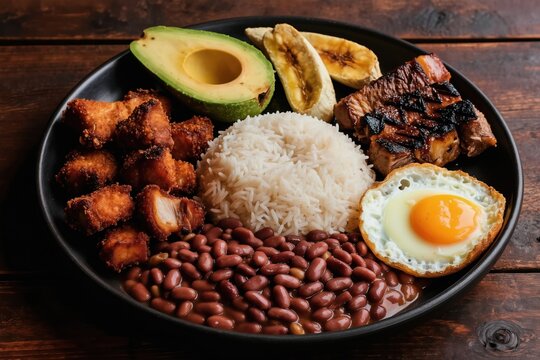 Colombian bandeja paisa meal presented on black plate includes grilled steak chicharron rice beans fried egg avocado plantain. This hearty dish offers authentic flavors of South America.
