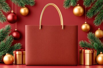 Obraz premium Blank red shopping bag on festive Christmas background with gifts, ornaments and holiday decorations