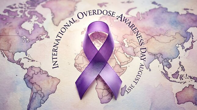 Purple awareness ribbon on world map background for international overdose awareness day campaign concept