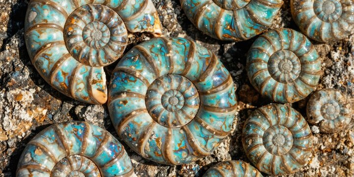 Close up of fossilized ammonite shells showing spiral patterns. Marine fossils have intricate turquoise blue and brown segmented swirls. Ancient sea creatures laid in stone.