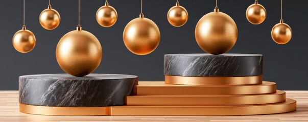 Obraz premium Luxury black marble Christmas podium with floating golden ornaments and festive holiday display