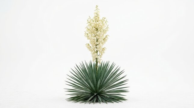 Yucca plant with a tall blooming flower stalk isolated on white background