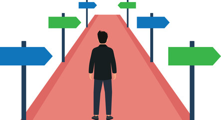 Crossroads of Decision: A solitary figure stands at a pivotal junction, presented with multiple paths and directional signs, symbolizing the critical choices faced in life's journey. © MUhammad umar
