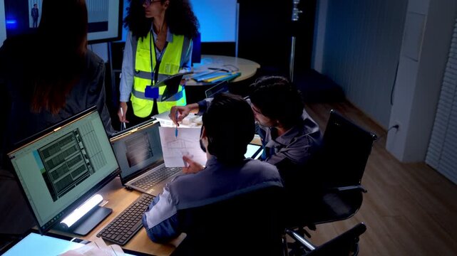 Multicultural engineering and design team collaborating on architectural development project with digital drafting tools and computer workstations