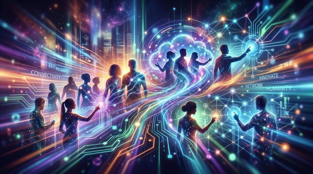 A vibrant, colorful digital art depicting a group of people connected by a digital network, with a futuristic, technological background.