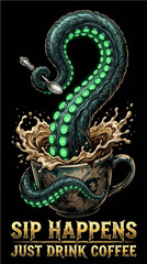 Fototapeta premium Glowing Octopus Tentacle Holding Spoon in Coffee Cup Vector Illustration Sip Happens Quote