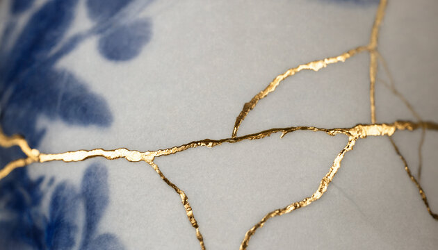 A macro detail of a white ceramic surface with blue floral patterns, showing intricate cracks repaired with shimmering gold lacquer kintsugi