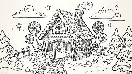 Fototapeta premium Black and White Gingerbread House Christmas Scene holiday