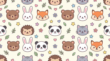 Fototapeta premium Cute Kawaii Animal Faces Seamless Pattern with Bear Panda Rabbit Fox and Hedgehog for Kids Nursery Wallpaper