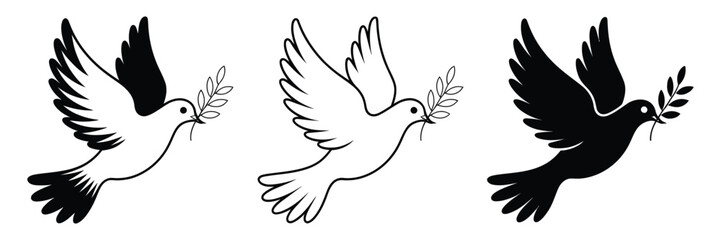 Obraz premium Dove Silhouettes Carrying Olive Branch as Peace Symbol in Elegant Flying Bird Vector Illustration