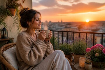Obraz premium Woman enjoying hot drink on balcony during sunset cityscape