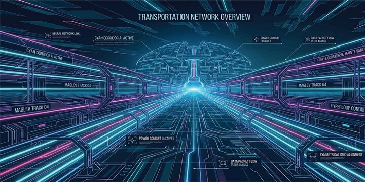 Futuristic Hyperloop Transportation Network with Maglev Transit Corridors, Smart Mobility Infrastructure, Neon Technology Vector Background