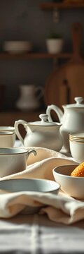 Timeless kitchenware whispers on linen, a tactile ode to meals past,  napkin,  film grain