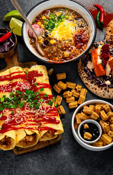 Mexican cuisine concept. Mexican food table with traditional dishes.