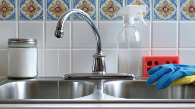 Close-up of kitchen sink with running water, cleaning gloves, spray bottle, sponge, and jar against decorative tile backsplash in bright home environment