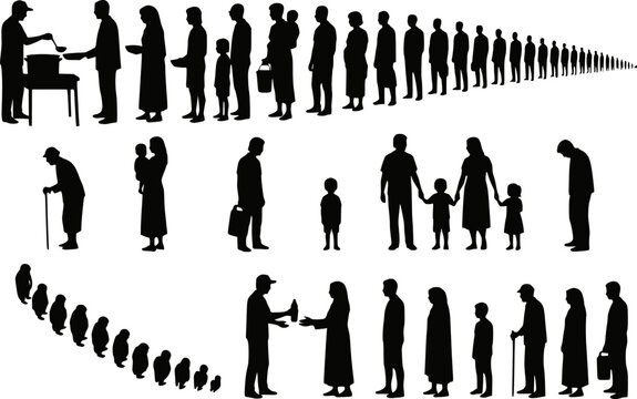 Food aid queue refugee poor people charity silhouettes vector set isolated