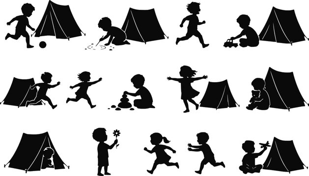 Kids children playing outdoor camping tent silhouettes vector set isolated