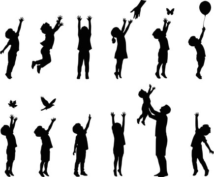 Child kid reaching up hand balloon butterfly silhouettes vector set isolated